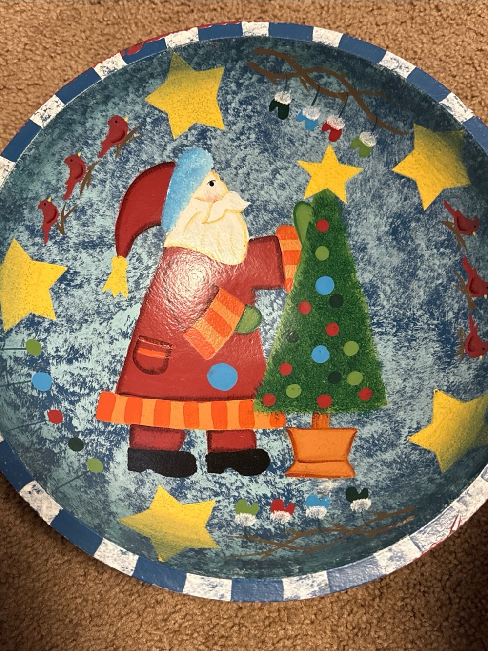 Hand-Painted Holiday Santa Decorative Dough Bowl- Blue/Red/Green